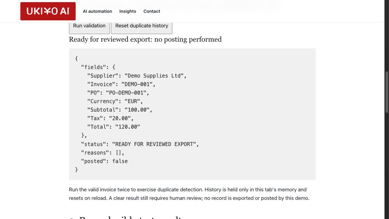 Demo showing a valid synthetic invoice ready for reviewed export